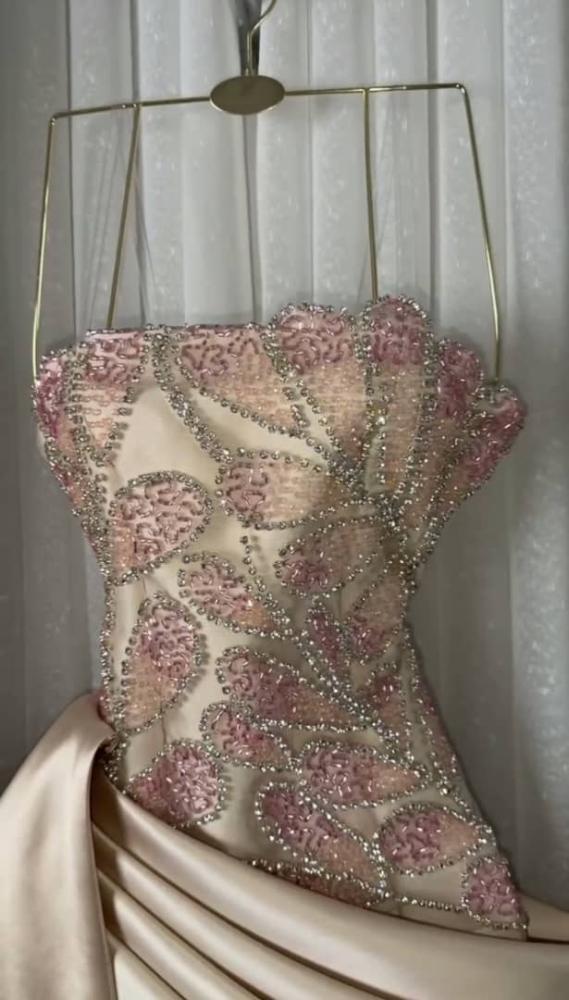 Strapless Beaded Satin Mermaid Evening Gown