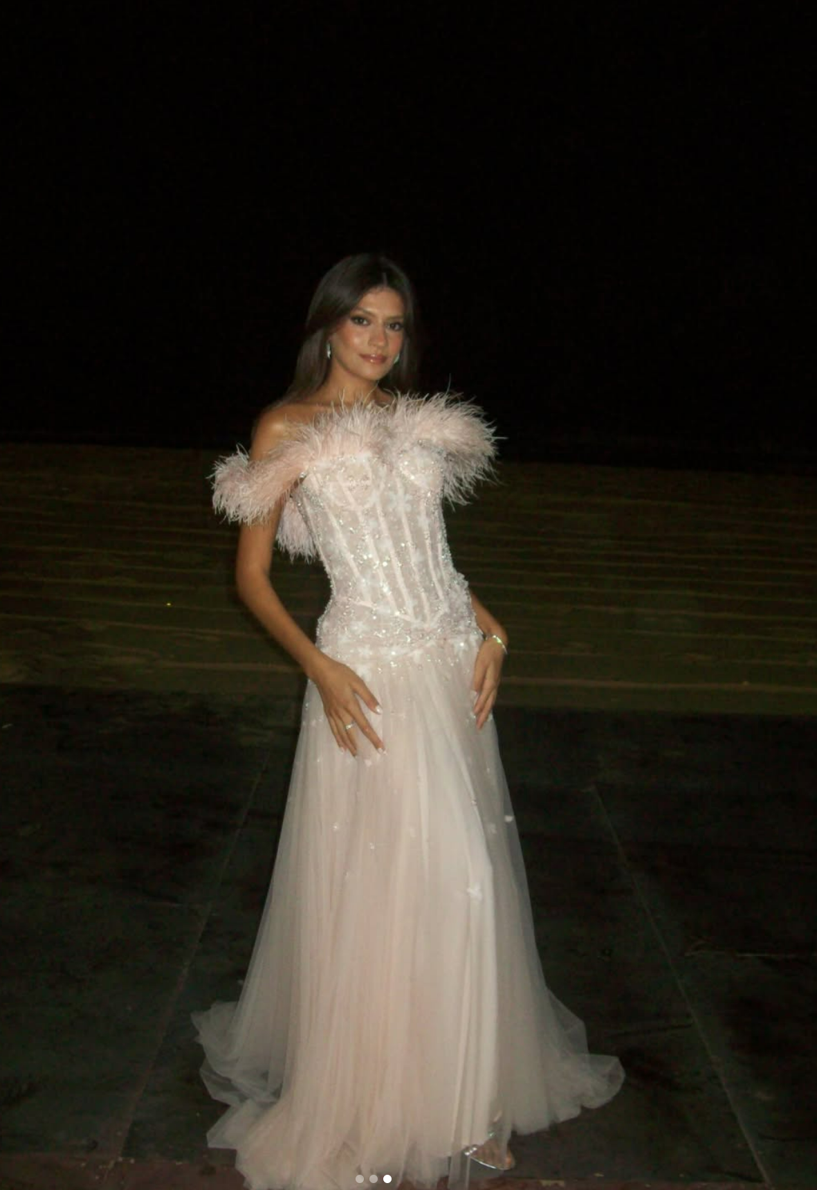 Feather Off-Shoulder Corset Tulle Gown