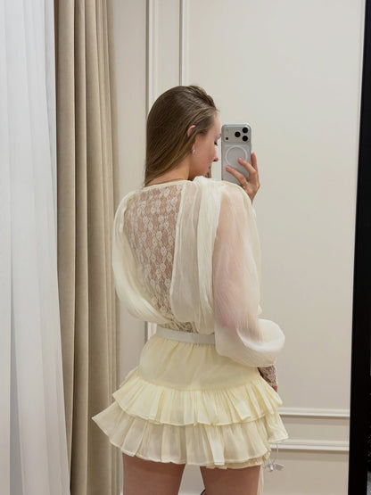 V-Neck Tiered Ruffled Mini Dress with Lace Details