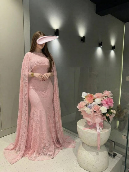 Lace Cape Mermaid Evening Gown