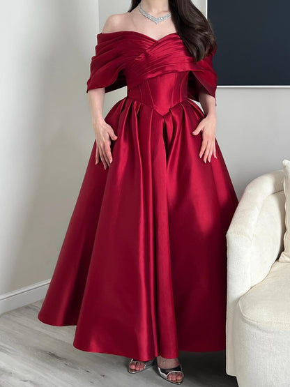 Off-the-Shoulder Corset Tea-Length Satin Dress