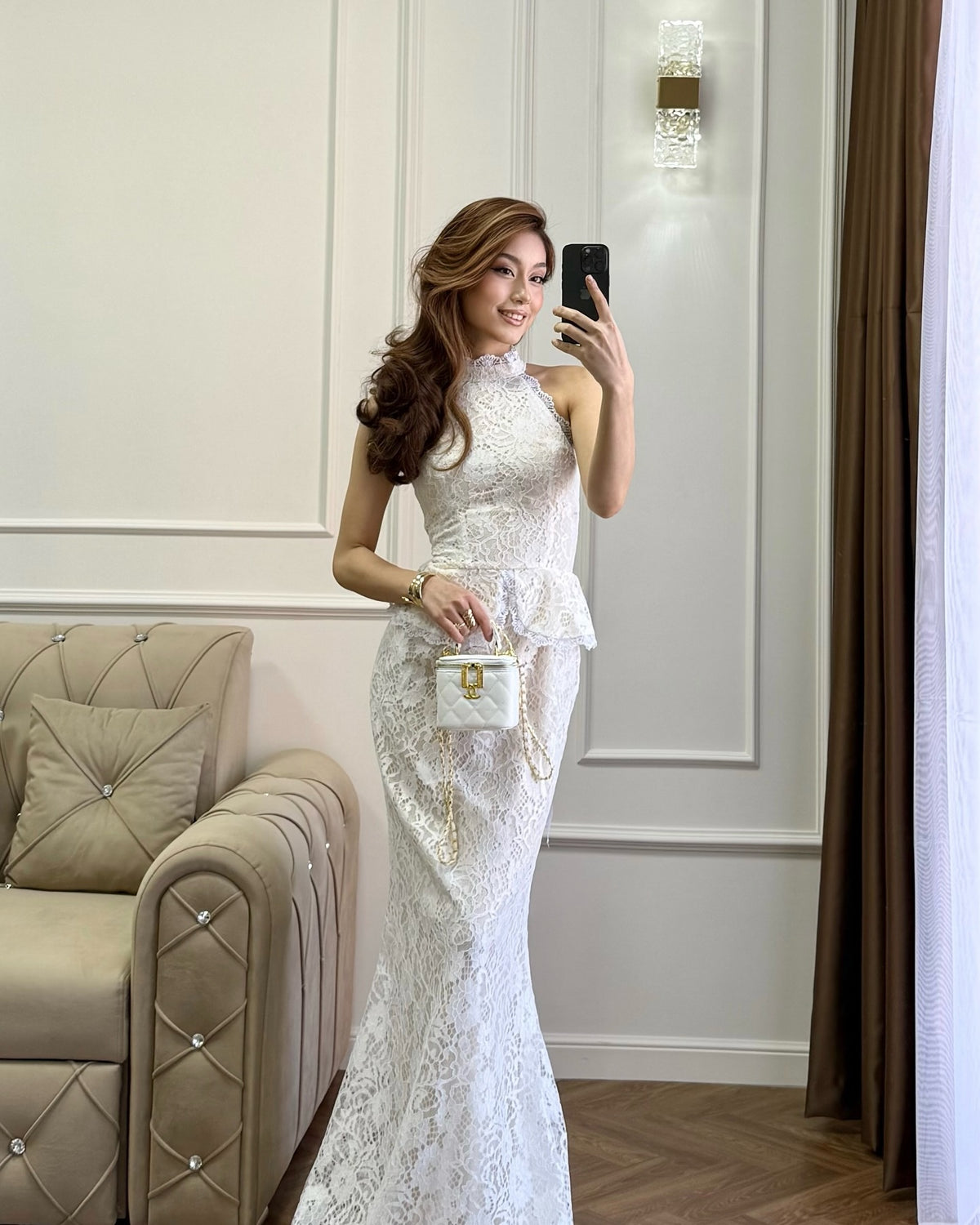Halter High Neck Peplum Lace Mermaid Maxi Dress