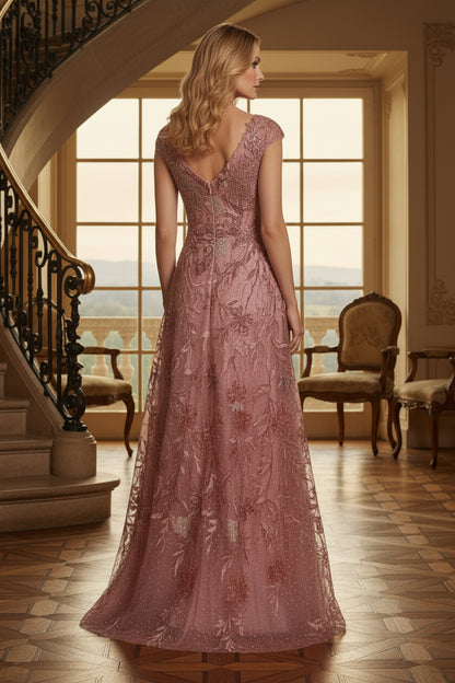 Beaded Lace V-Neck A-Line Evening Gown