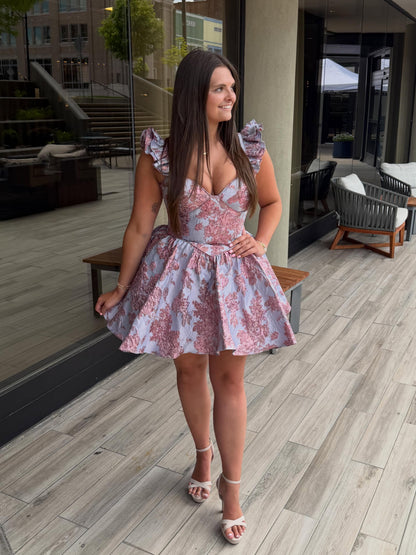 Floral Jacquard Ruffle Strap Mini Dress