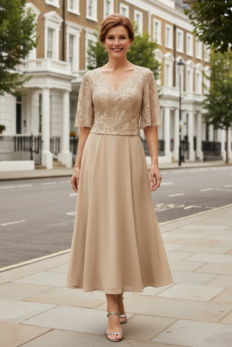 Sequin Embroidered A-Line Midi Dress with Flutter Sleeves