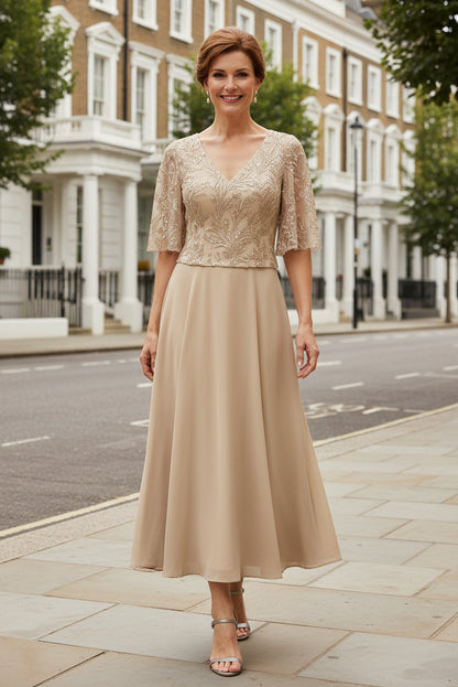 Sequin Embroidered A-Line Midi Dress with Flutter Sleeves