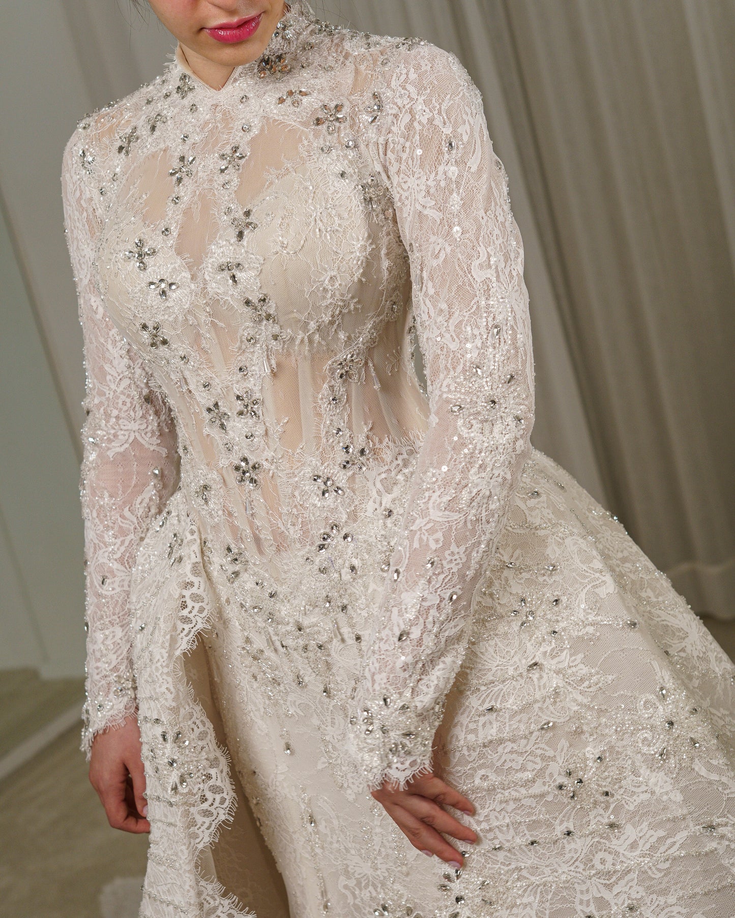 High Neck Long Sleeve Lace Wedding Dress with Overskirt