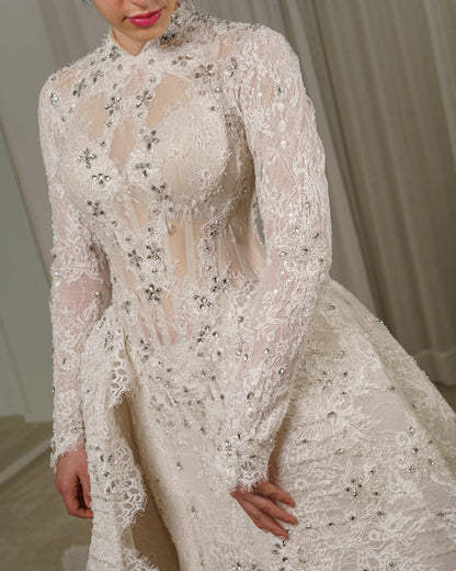 High Neck Long Sleeve Lace Wedding Dress with Overskirt