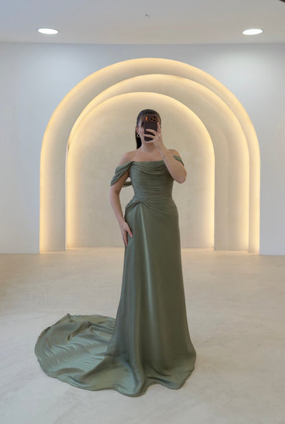 Off-the-Shoulder Draped Evening Gown with Corset Back