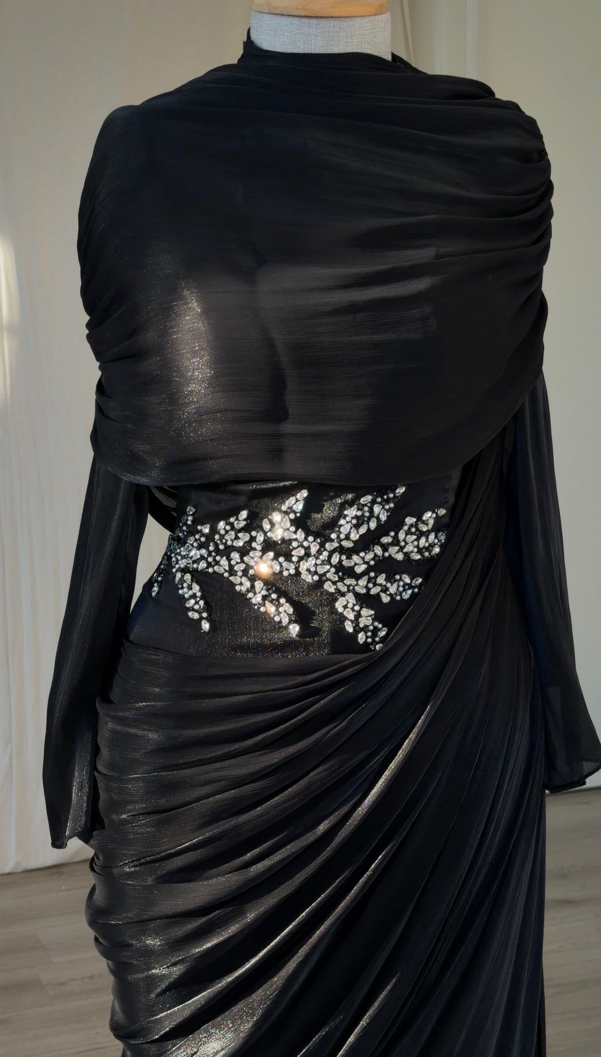 Draped Cowl Maxi Evening Gown with Beaded Waist