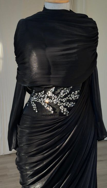 Draped Cowl Maxi Evening Gown with Beaded Waist