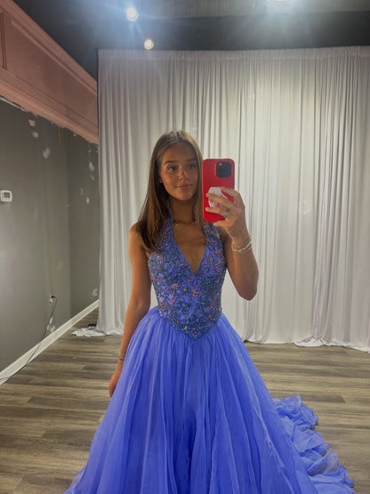 Halter Neck Beaded Tulle Ball Gown with Train