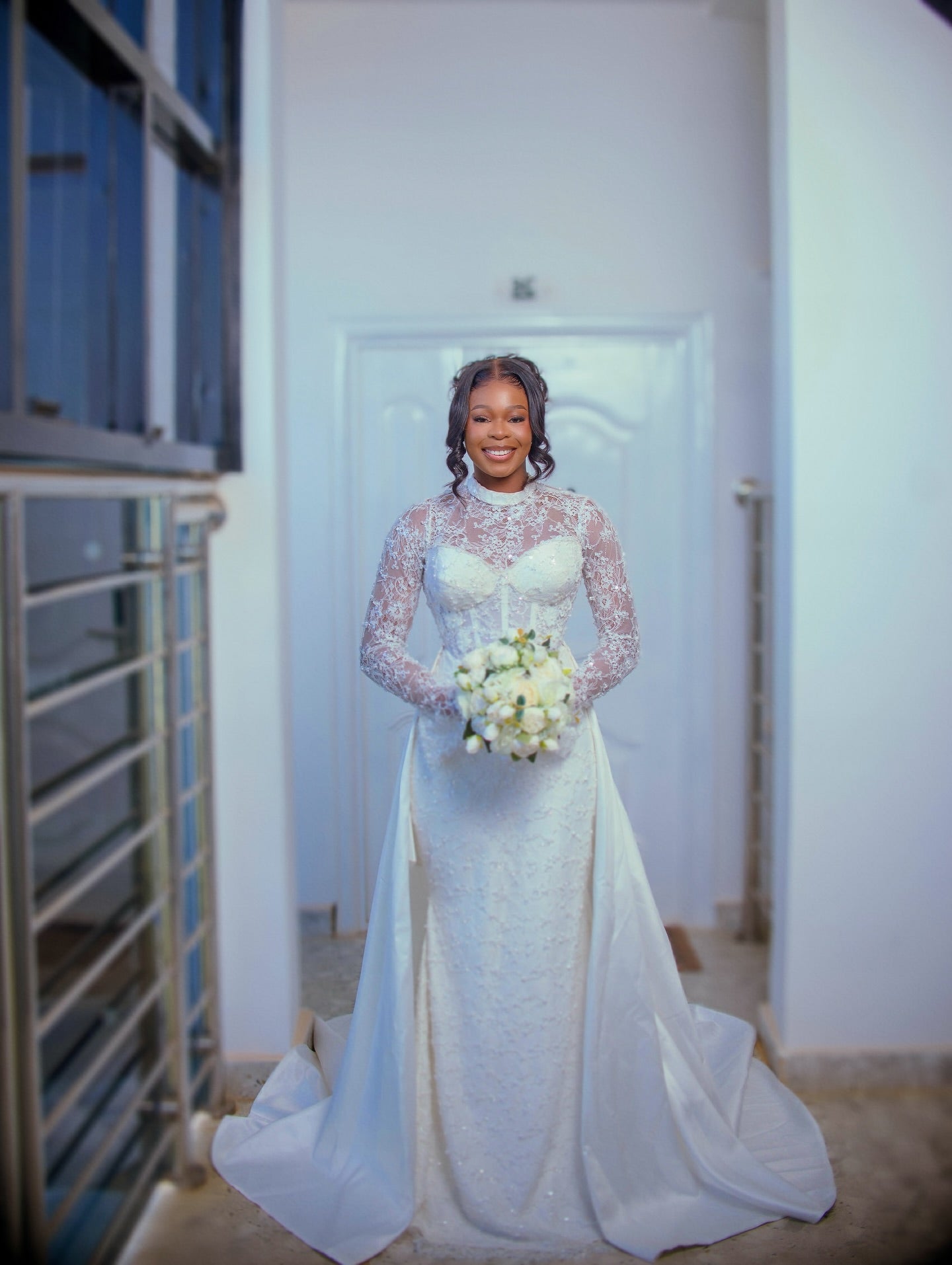 Lace Mock Neck Sheath Wedding Dress with Overskirt