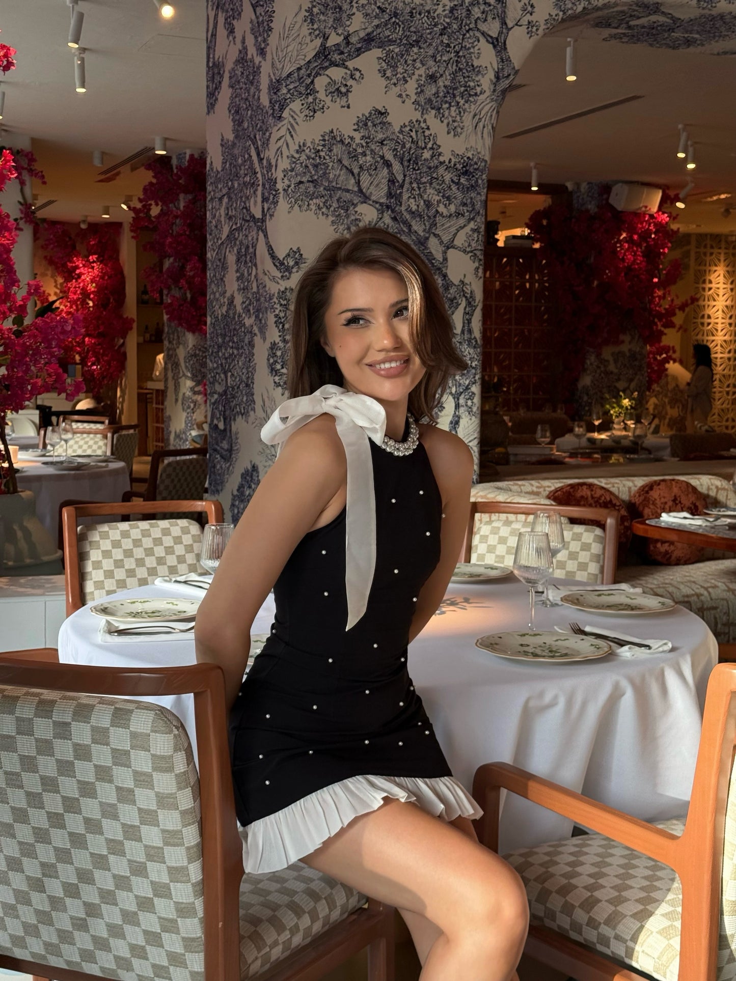 Halter Mini Dress with Bow and Pearl Embellishments