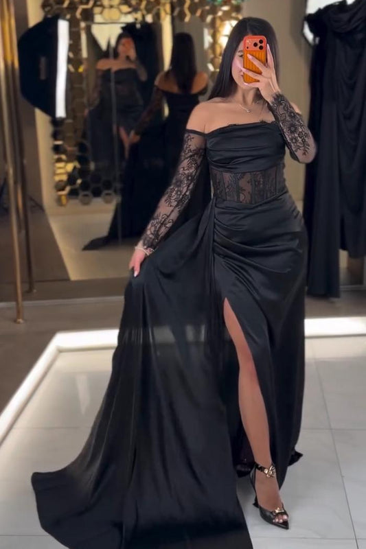 Off-the-Shoulder Lace Corset Evening Gown with Slit