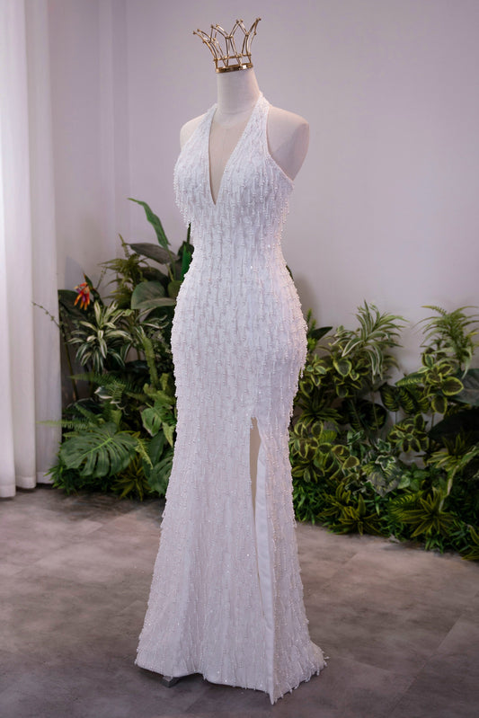 Beaded Halter Deep V Mermaid Evening Gown with Slit