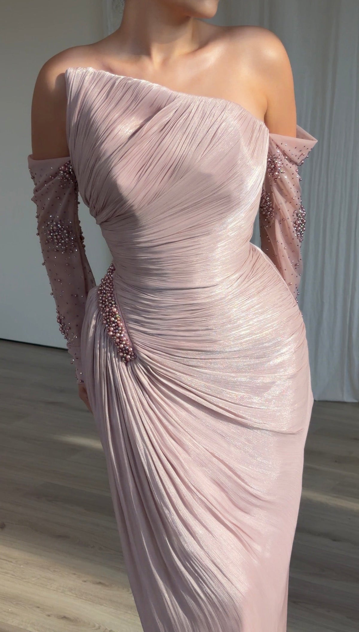 Pleated Asymmetrical Gown with Beaded Hip Accent