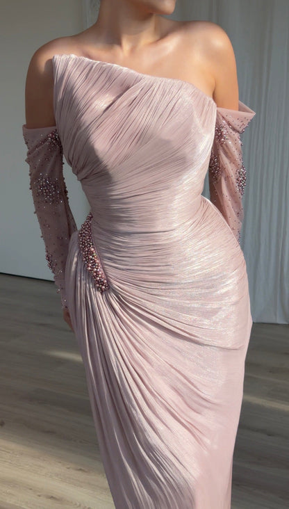 Pleated Asymmetrical Gown with Beaded Hip Accent