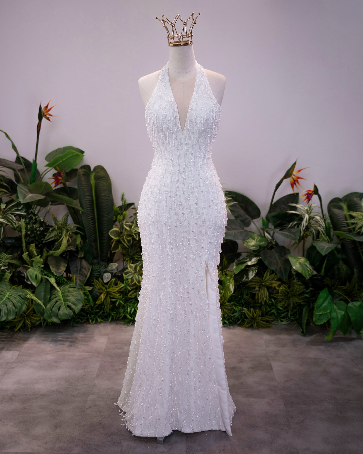Beaded Halter Deep V Mermaid Evening Gown with Slit