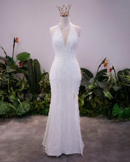 Beaded Halter Deep V Mermaid Evening Gown with Slit