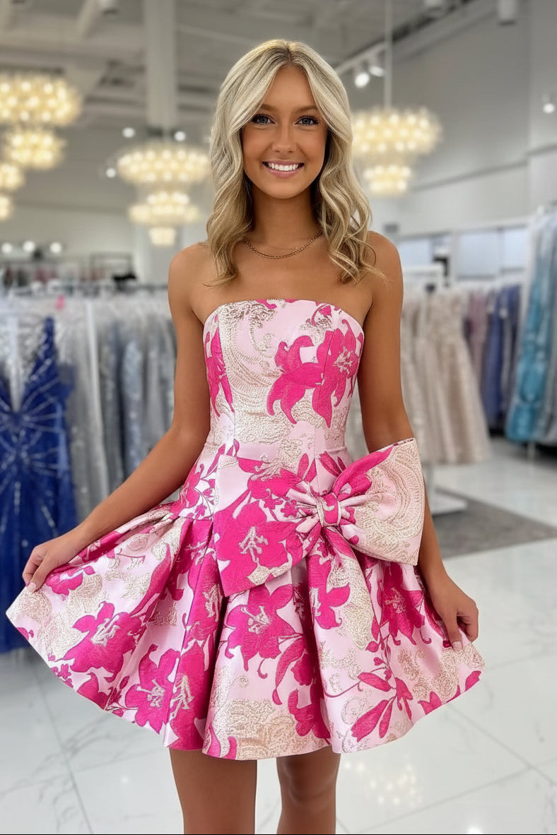 Strapless Floral Jacquard Fit and Flare Dress with Bow