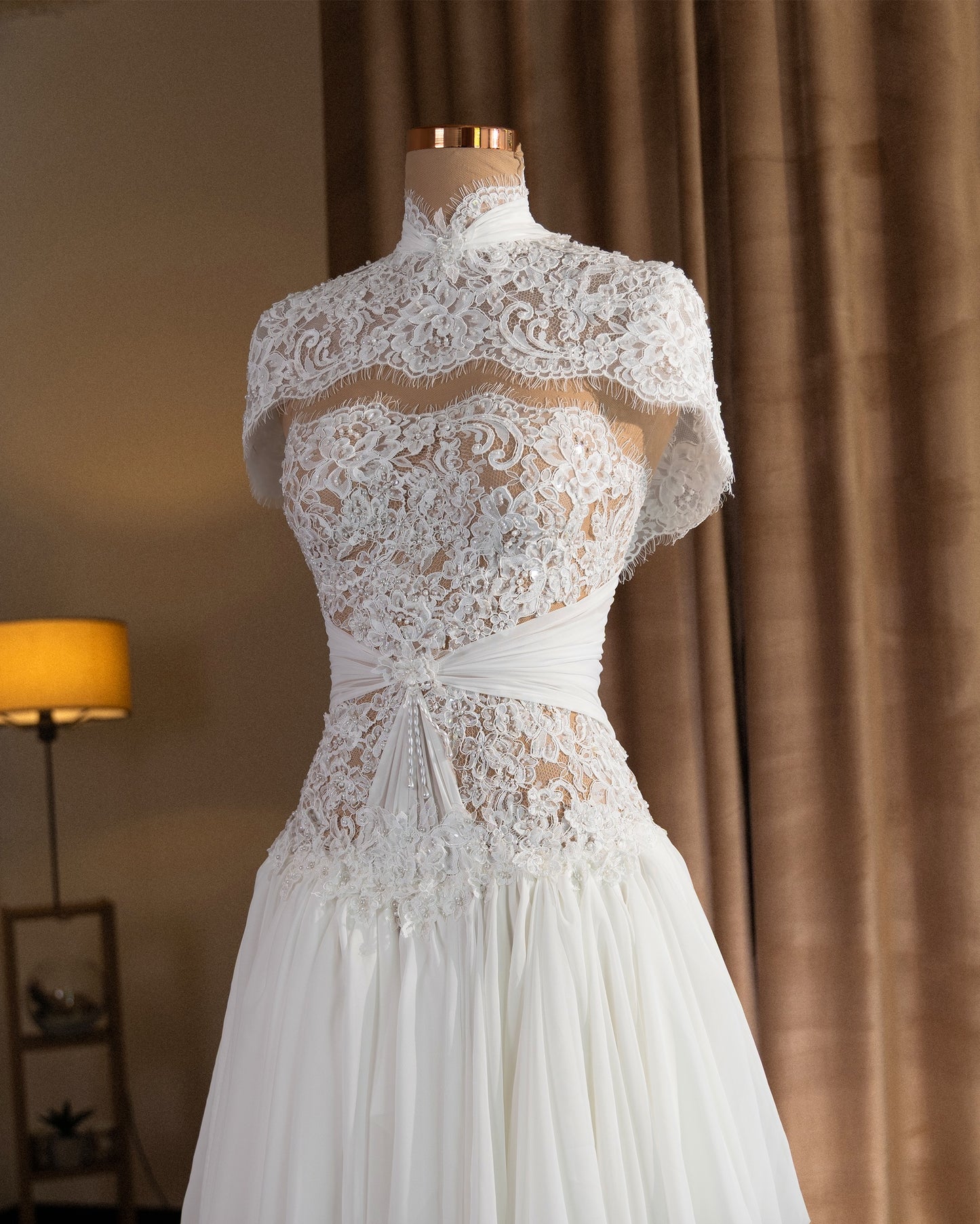 Lace High Neck Capelet Mini Dress with Pleated Skirt