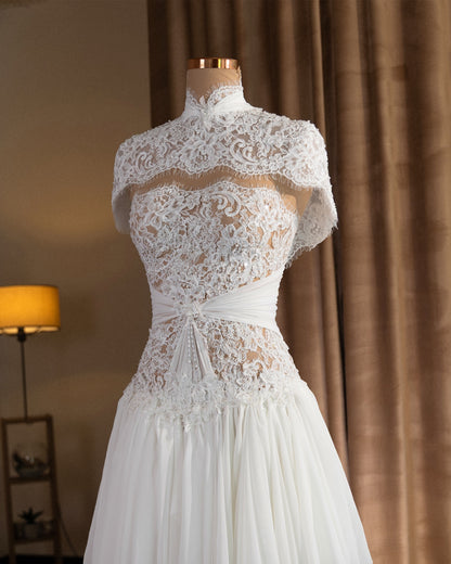 Lace High Neck Capelet Mini Dress with Pleated Skirt