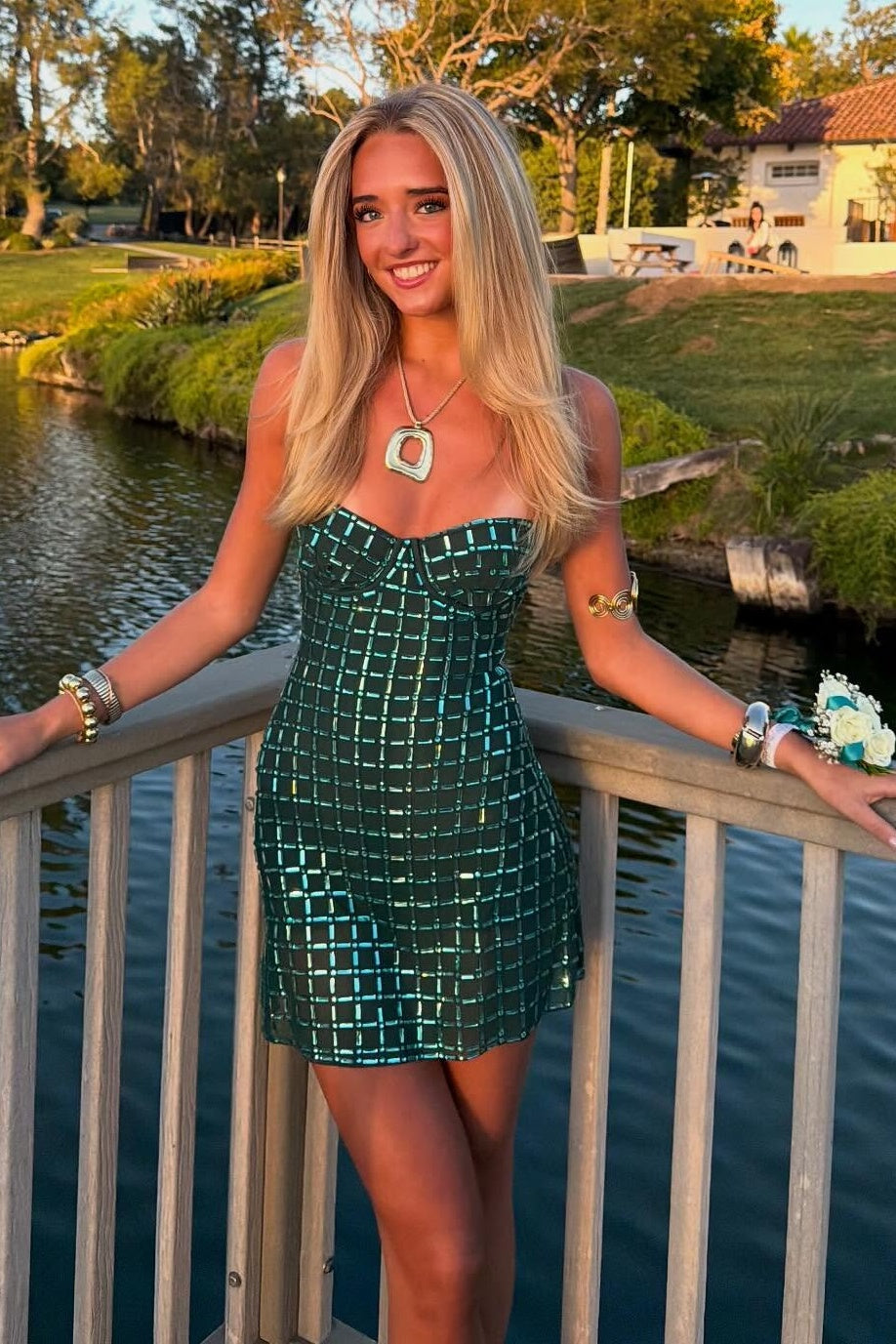 Grid Beaded Bustier Mini Dress