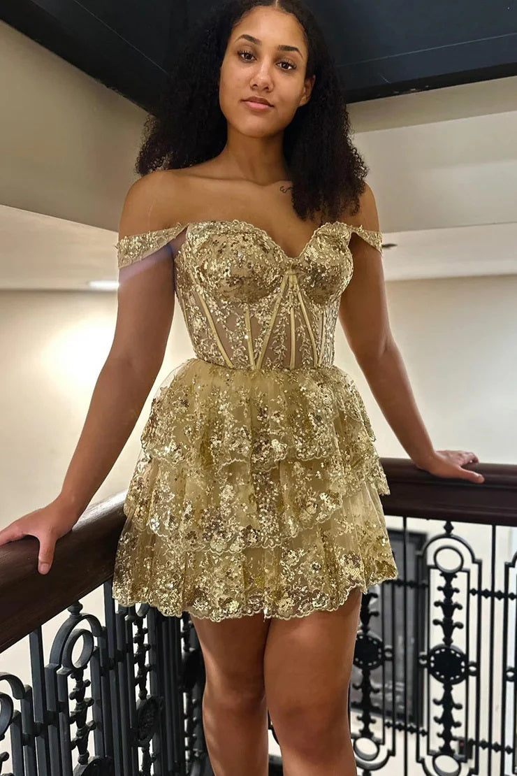 Sweetheart Corset Tiered Sequined Homecoming Dress
