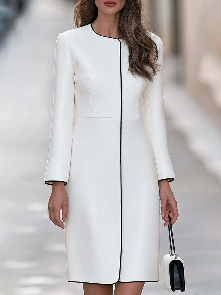 Long Sleeve Contrast Trim Midi Sheath Dress