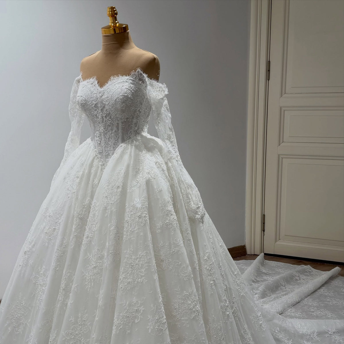 Off-the-Shoulder Lace Ball Gown Wedding Dress