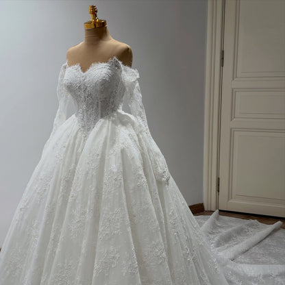 Off-the-Shoulder Lace Ball Gown Wedding Dress