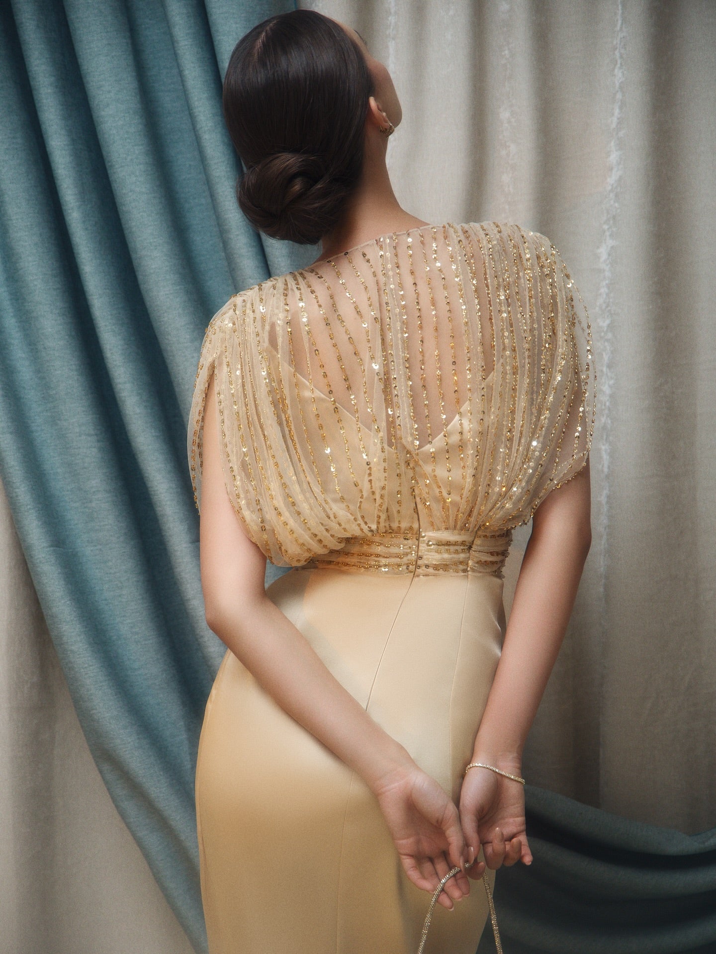 Beaded Illusion V-Neck Column Evening Gown