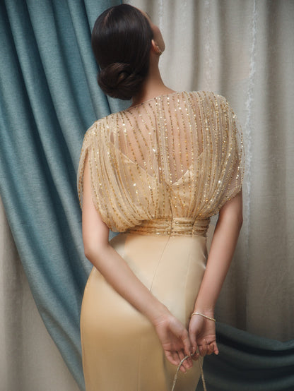 Beaded Illusion V-Neck Column Evening Gown