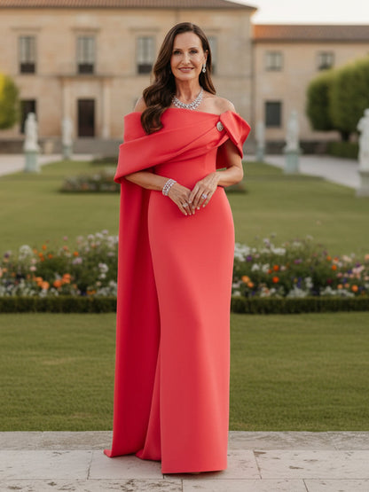 Off-the-Shoulder Crepe Column Gown with Cape