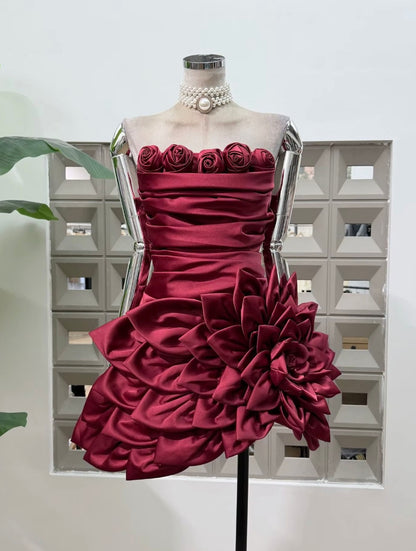 Strapless Ruched Mini Dress with 3D Floral Accents