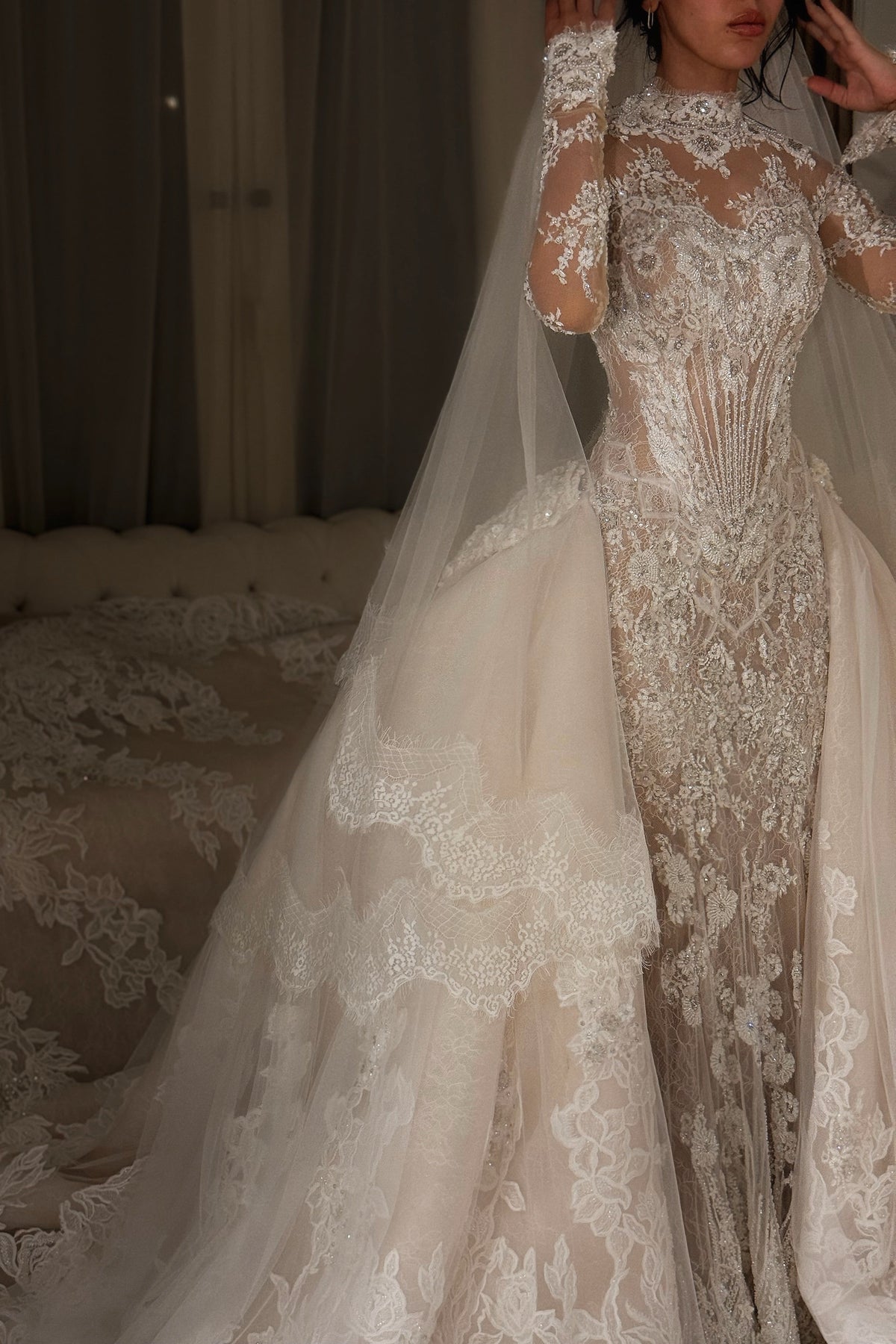 Beaded Lace High Neck Wedding Dress with Overskirt
