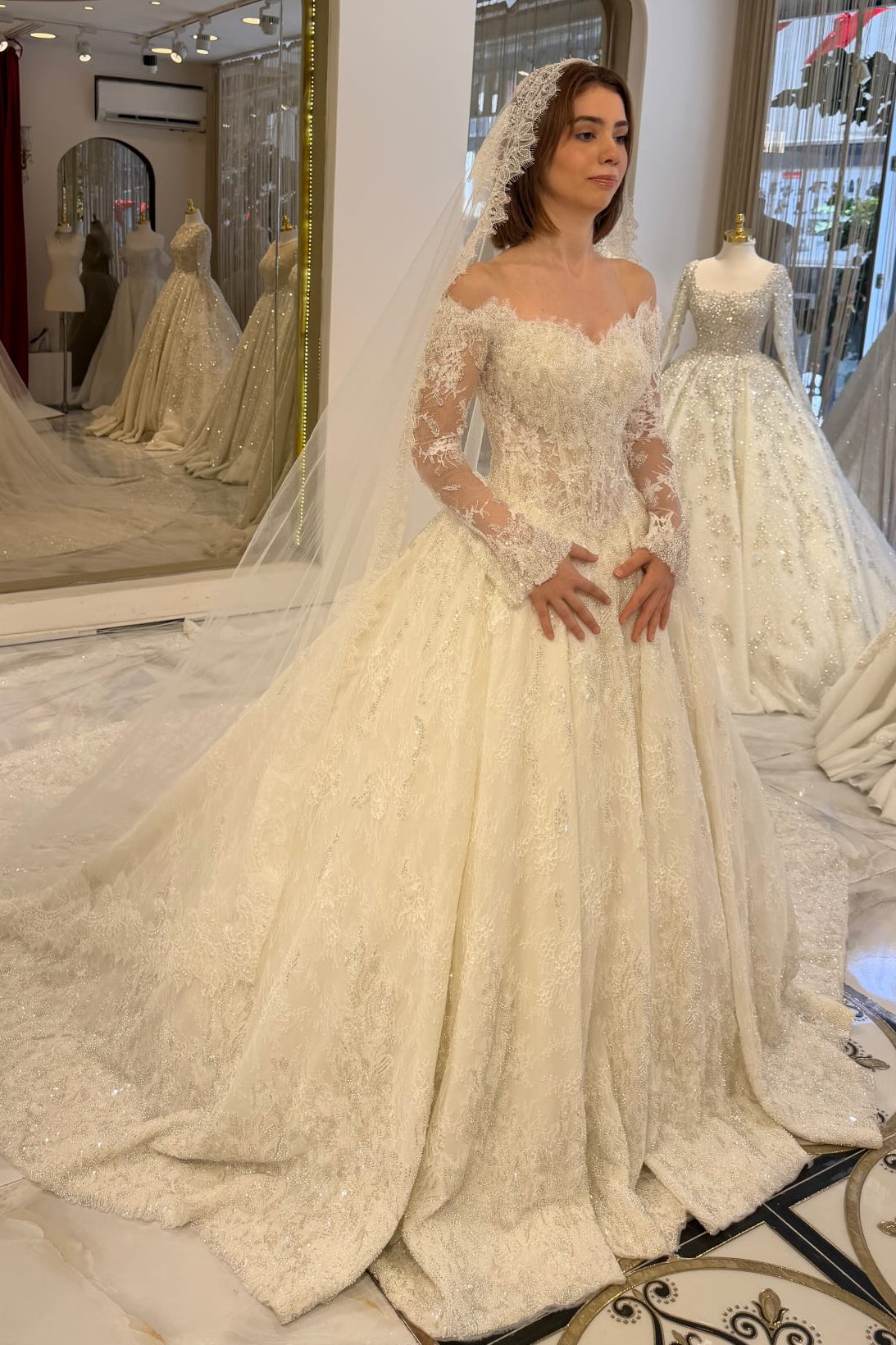 Lace Applique Ball Gown Wedding Dress with Long Sleeves