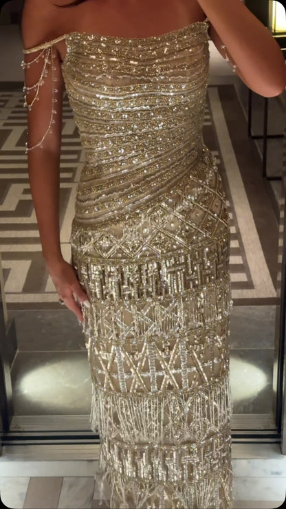 Beaded Fringe Off-the-Shoulder Column Evening Gown