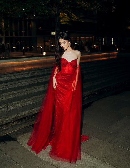 Corset Glitter Mermaid Gown with Draped Cape