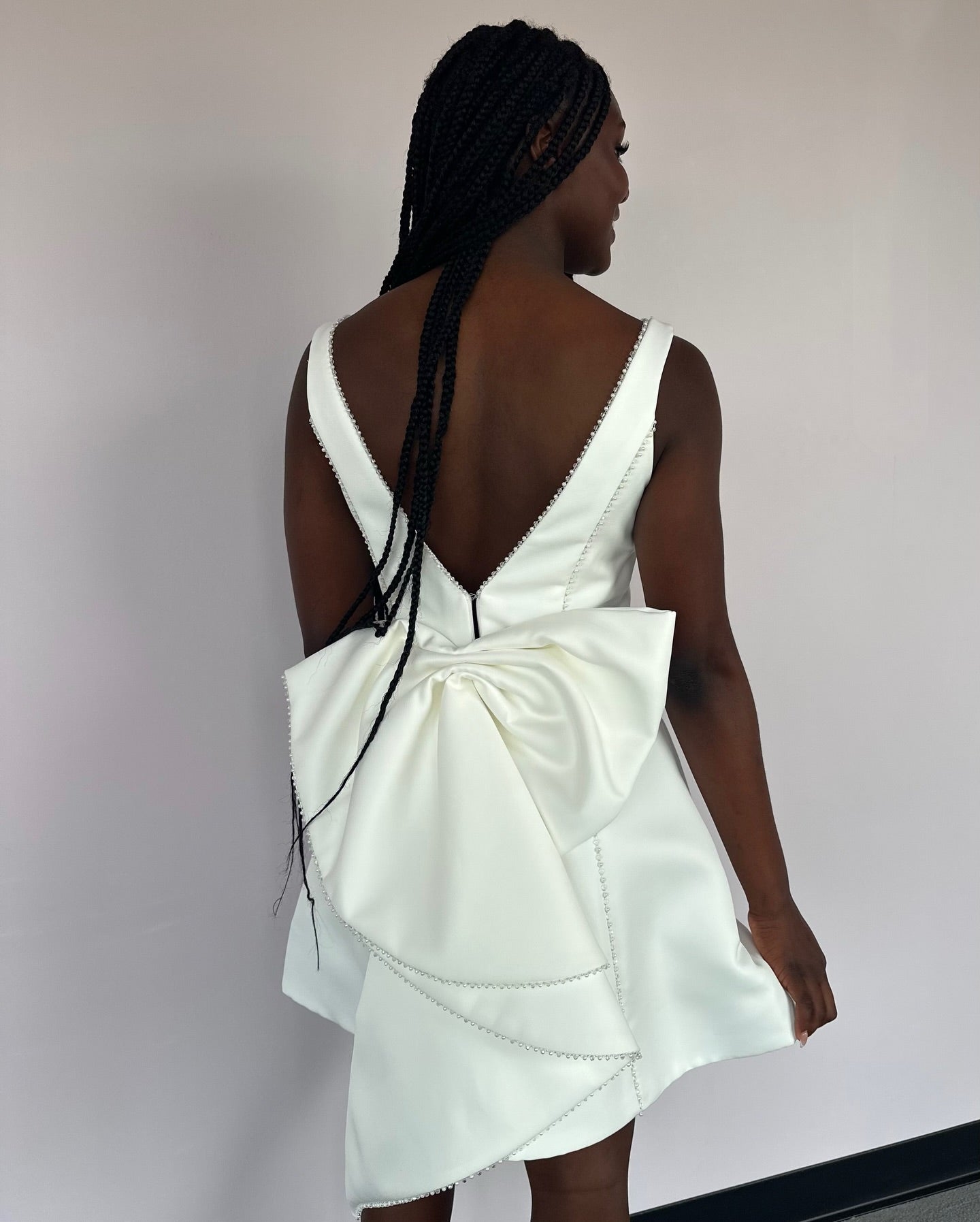V-Neck Satin Mini Dress with Statement Back Bow