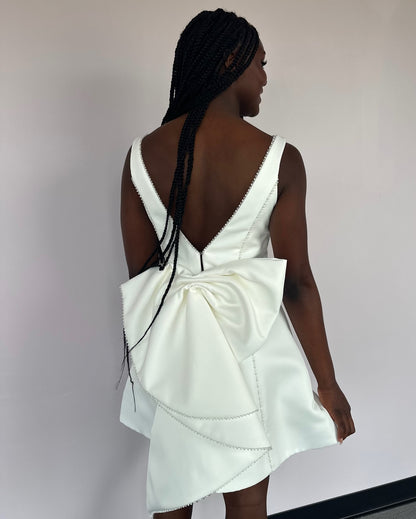 V-Neck Satin Mini Dress with Statement Back Bow
