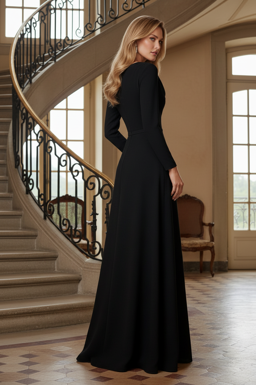 Cowl Neck Long Sleeve Evening Gown with Belt