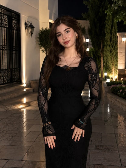 Square Neck Long Sleeve Lace Column Gown