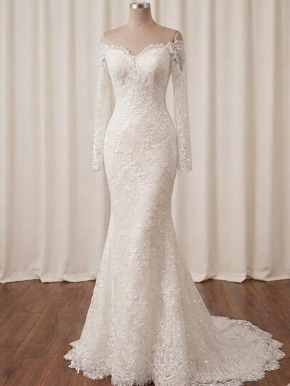 Off-the-Shoulder Lace Long Sleeve Mermaid Wedding Dress