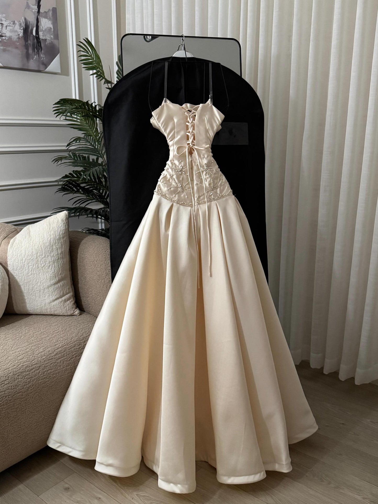 Satin Corset Ball Gown with Beaded Waist Detail