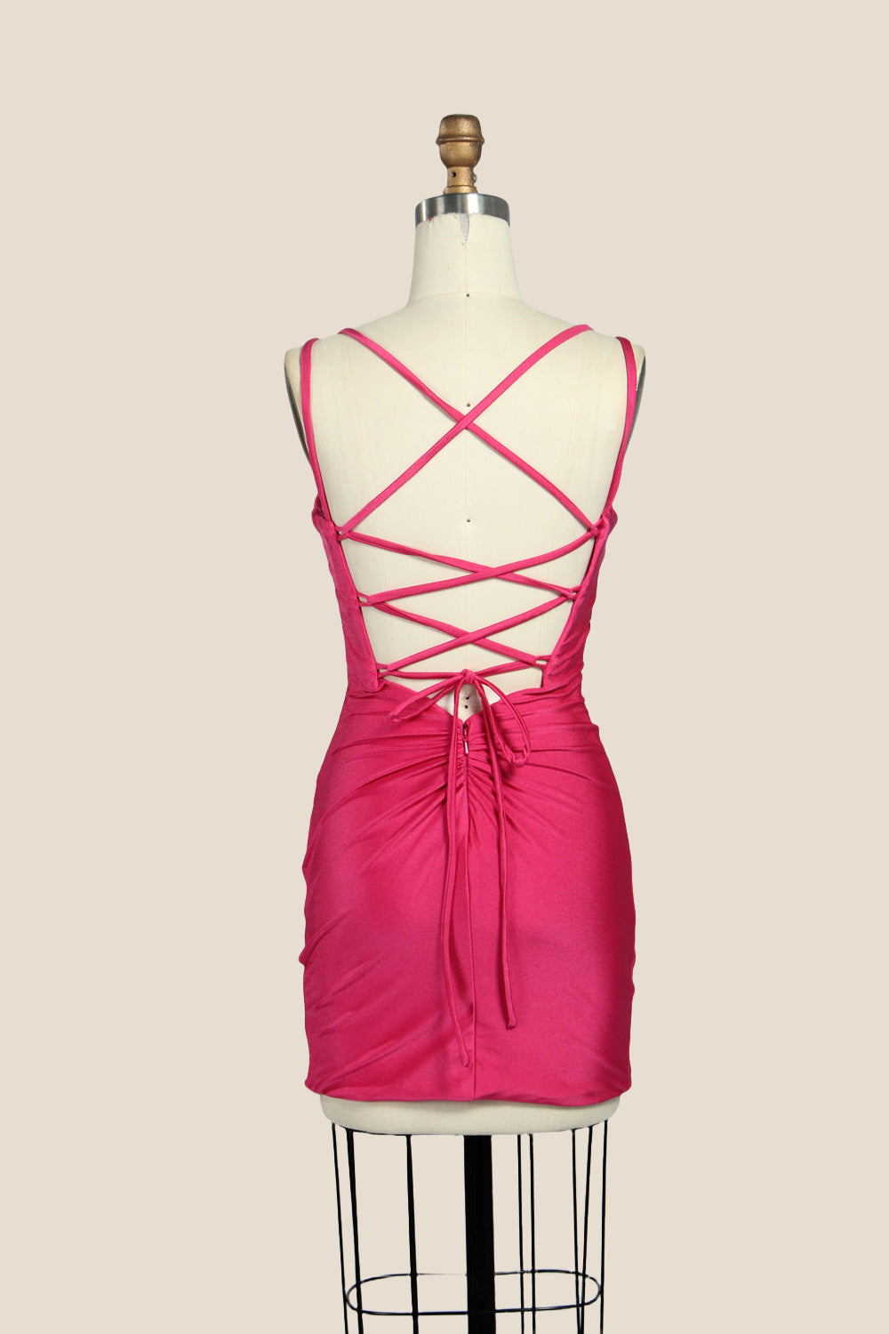 Cowl Neck Ruched Mini Dress with Lace-Up Back