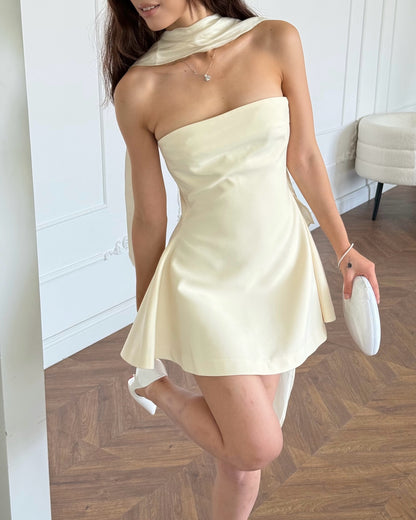 Strapless Mini Dress with Draped Neck Scarf