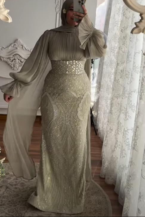 Modest Long Sleeve Beaded Mermaid Evening Gown