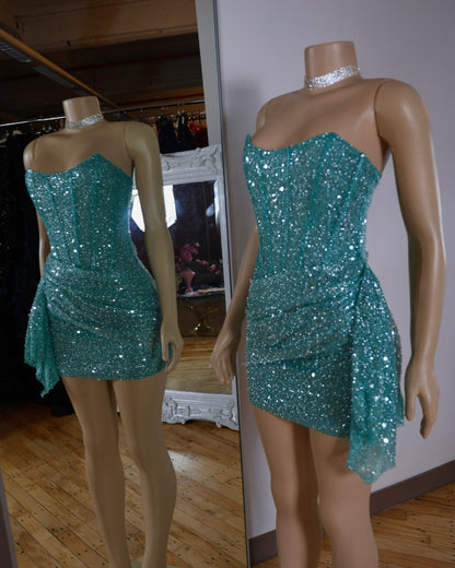 Strapless Corset Sequin Mini Dress with Asymmetrical Drape